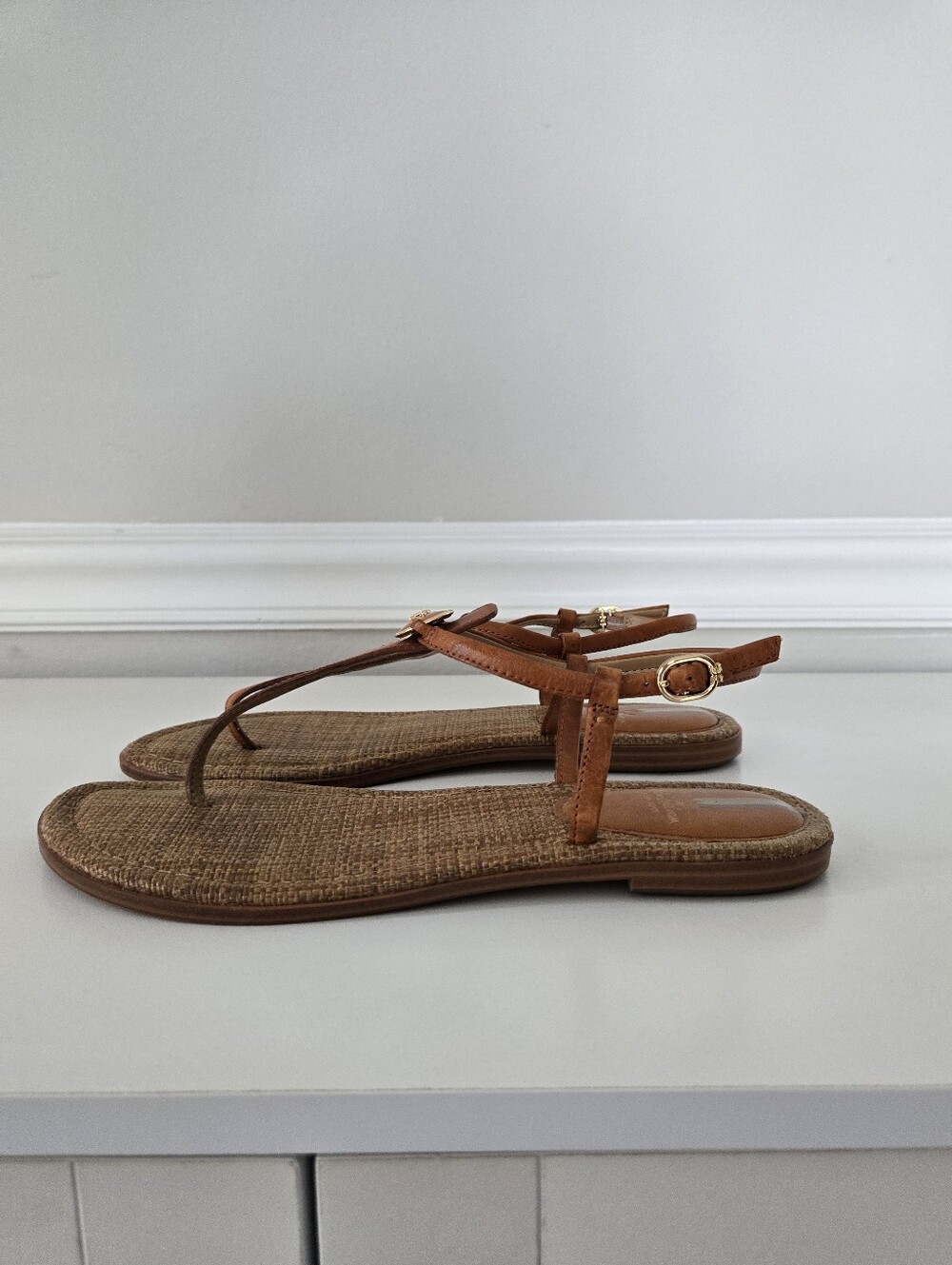 Women's Sam Edelman Copper Tan Leather T-Strap Sandals